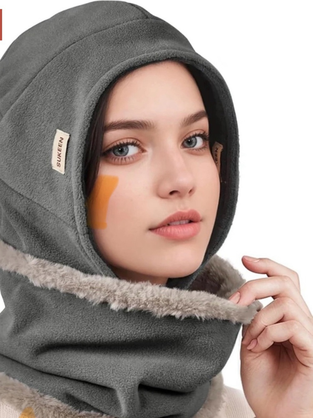 Sukeen Women's Gray Faux-Fur Trim Fleece hat and Neck Warmer